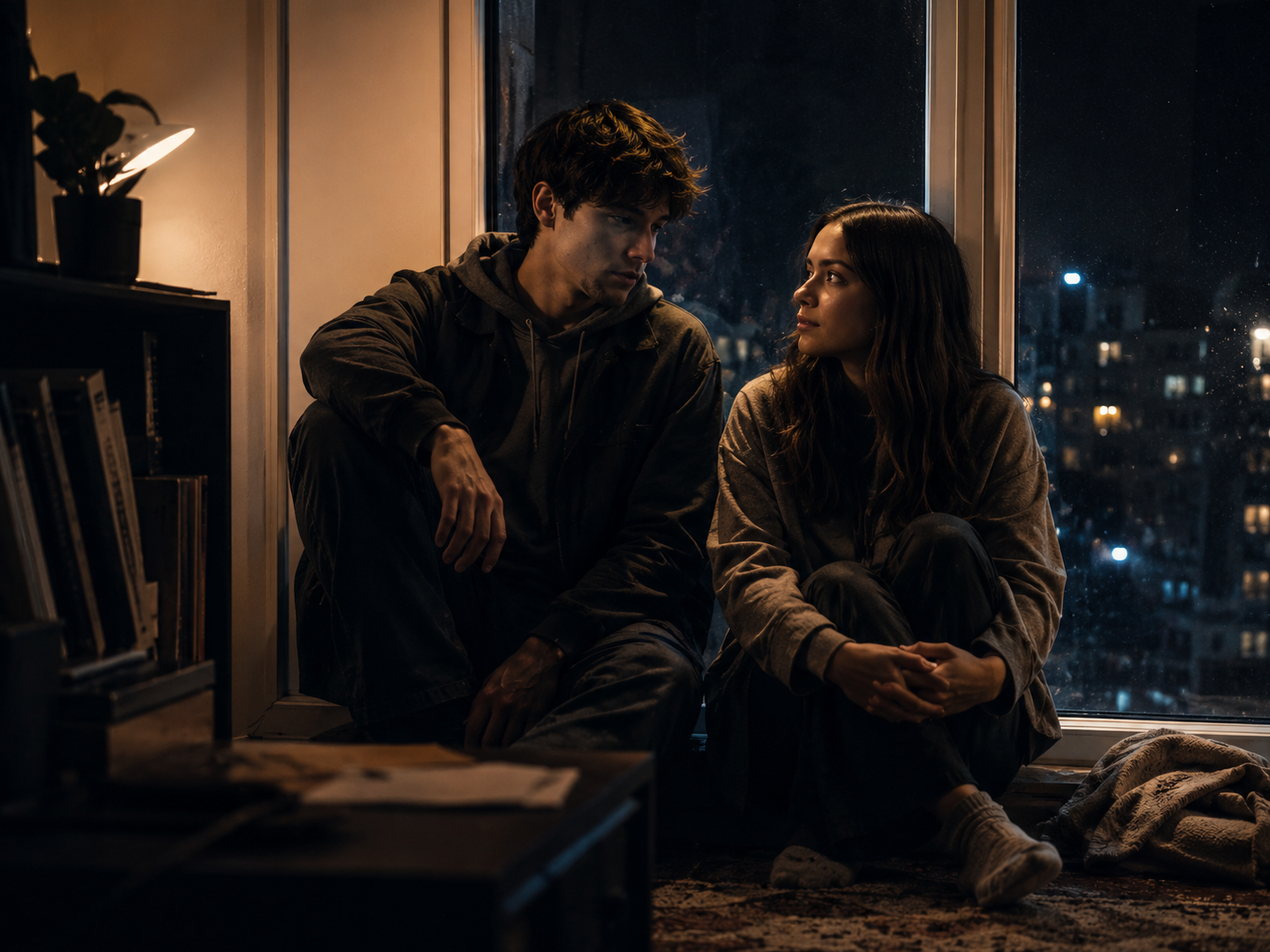 Timael & Elaia am Fenster bei Nacht